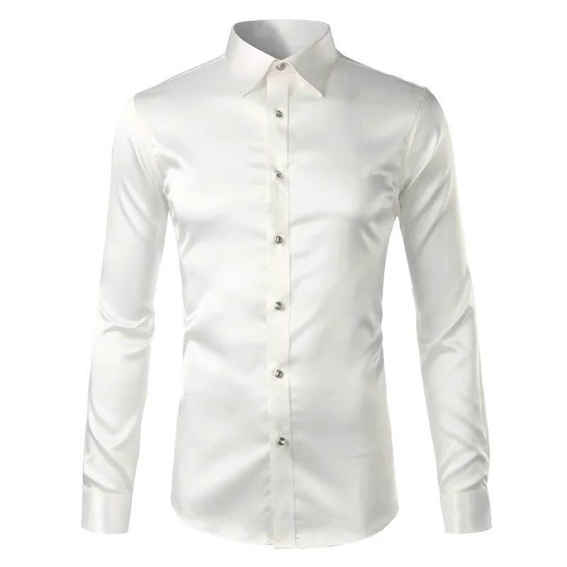 white Трендовая шелковая атласная Мужская рубашка с длинным рукавом Chemise Homme модная мужская приталенная рубашка из искусственного шелка на пуговицах - Цвет: white