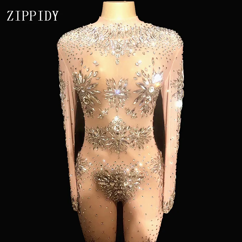 Блестящий Комбинезон с камнями сетчатый костюм для женщин сценического