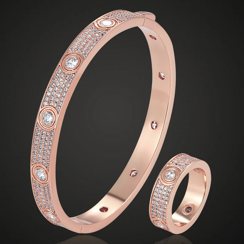 rose gold ring 9 Zlxgirl роскошный бренд Европа AAA pave кубический циркон браслет с кольцом Свадебные Ювелирные наборы женские вечерние подарочные браслеты - Окраска металла: rose gold ring 9