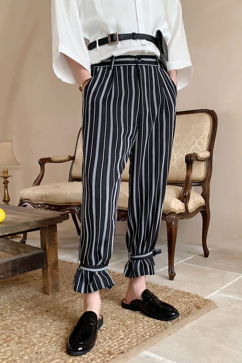 

2019 New Summer leg tie rope design men loose wide leg stripe casual trousers youth straight trousers nine points