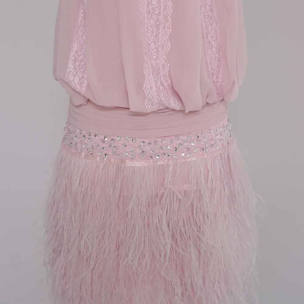 

Pink Sheath Halter Lavender Long Feather Beaded Chiffon Backless Short Mini Women Party Short Cocktail Dresses