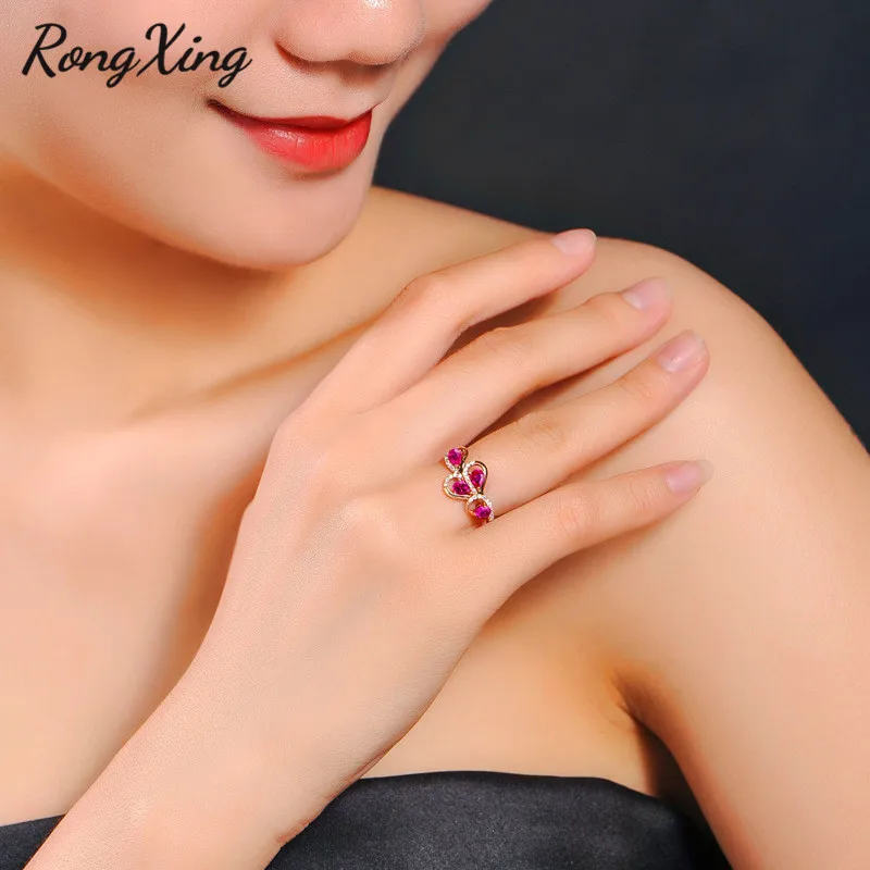 RongXing Роскошные розово красные циркониевые открытые кольца в форме капли воды для