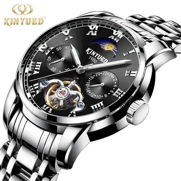 Black Silver KINYUED хронограф Турбийон Скелет часы для мужчин нержавеющая сталь Лидирующий бренд автоматические механические часы Moon Phase montre homme - Цвет: Black Silver