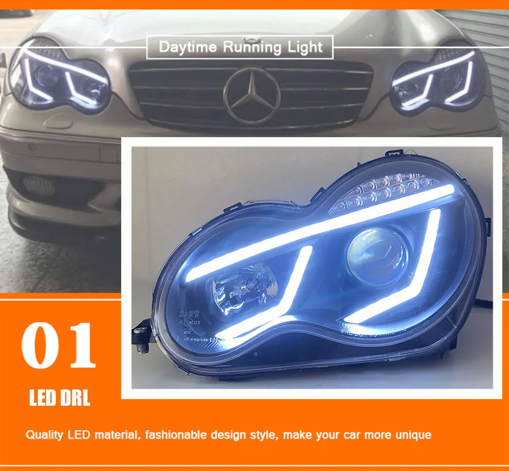 2 шт. автомобильный стиль светодиодный фары для Benz W203 c-класс 00-07 для W203 налобный фонарь светодиодный DRL Объектив двойной луч H7 HID Xenon bi xenon объектив