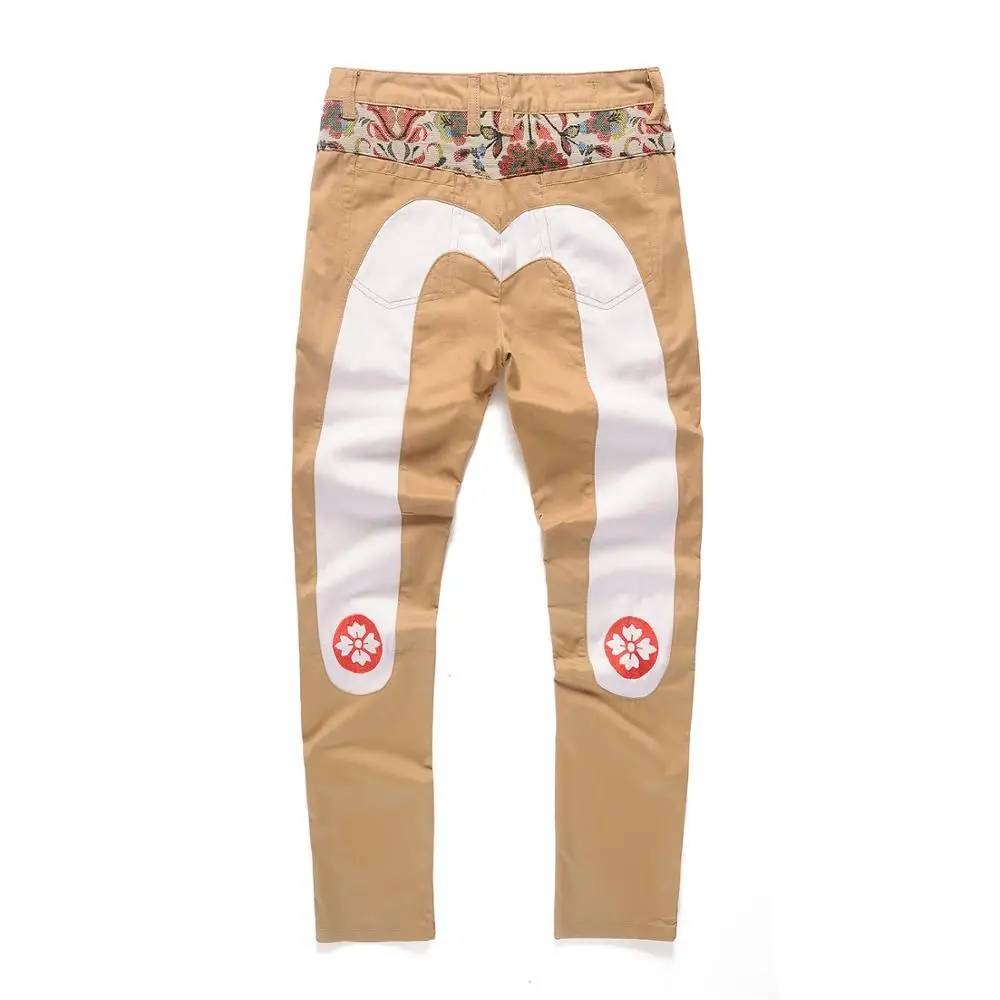 Evisu New Casual Men's Breathable High Quality Khaki Casual Pants Warm Men's Tide Brand Cotton Straight Print Men's Trousers - Цвет: Khaki Big M