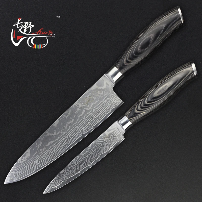 HAOYE, 2 шт, набор кухонных ножей в дамасском стиле, нож santoku, инструмент для приготовления рыбы, мяса, мясорубки, цветная деревянная ручка, модный подарок, новинка
