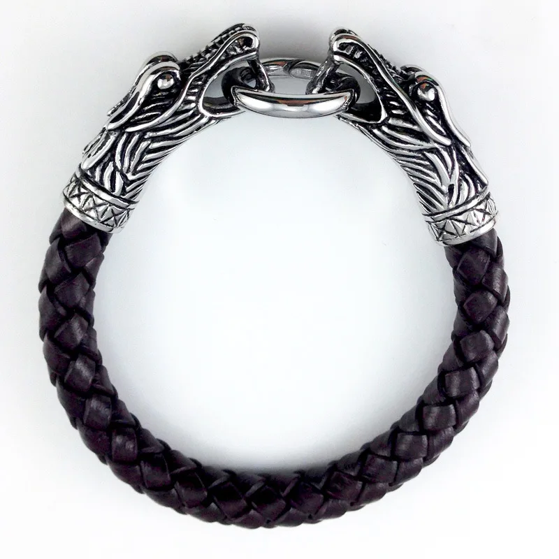 Cool men bracelet leather Tibetan silver titanium fashion male vintage accessories parataxis double dragon jewelry |