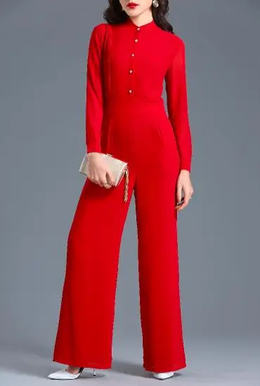Charm Red Женский комбинезон с высокой талией, красный комбинезон из шифона с длинным рукавом, элегантные праздничные комбинезоны в стиле High Street больших размеров с широкими штанинами, 3XL, 4XL, осень - Цвет: Charm Red