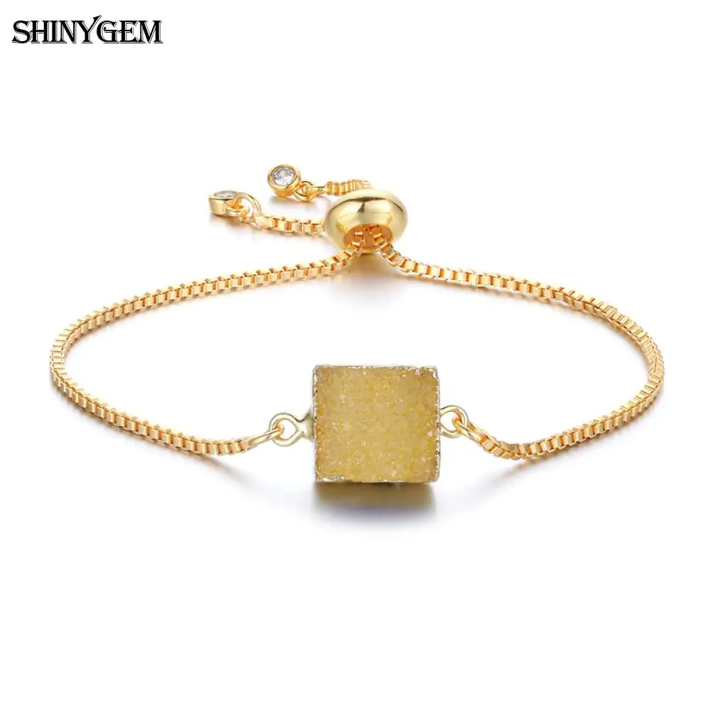 Yellow ShinyGem 12 мм натуральный квадратный браслеты из драгоценных камней 9 планета кристалл браслет с подвесками Регулируемая золотая цепочка Druzy браслеты для женщин - Окраска металла: Yellow