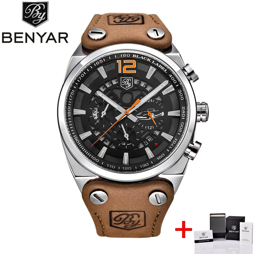silver orange BENYAR спортивные часы с большим циферблатом, мужские водонепроницаемые уличные военные часы с хронографом, кварцевые часы с кожаным ремешком, армейские мужские часы, мужские часы - Цвет: silver orange