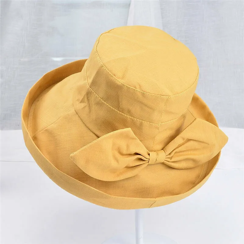 

New Arrival Summer Wide Brim Cotton Linen Fisherman Hat for Women Foldable Anti-UV Bowknot Plain Bucket Hats