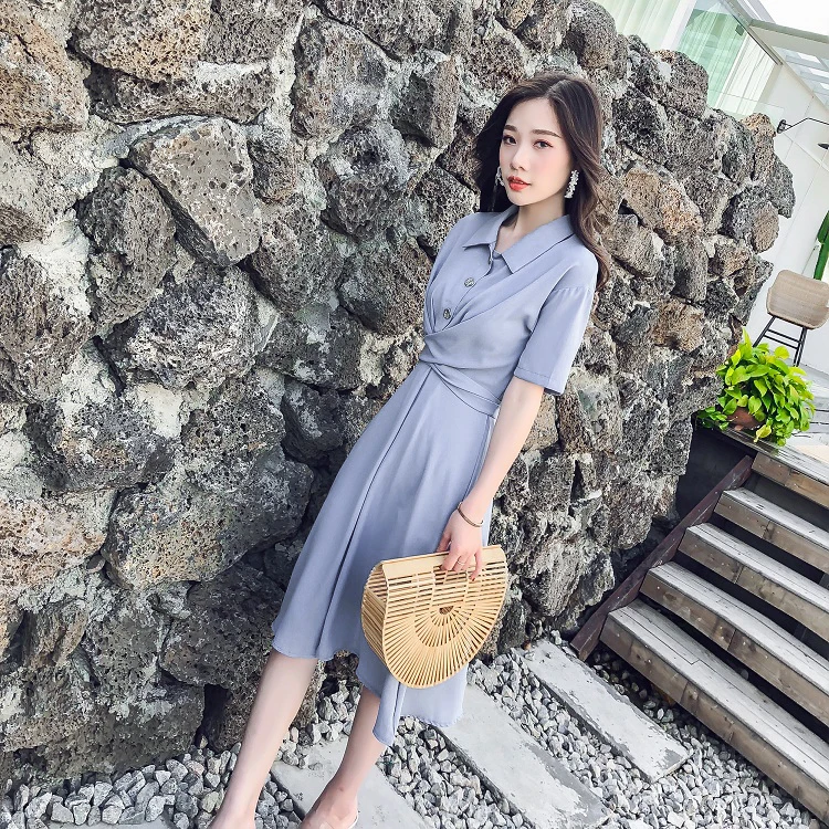 

Летнее шифоновое платье в Корейском стиле, однотонное платье средней длины в стиле ретро с отложным воротником, коротким рукавом и высокой ...