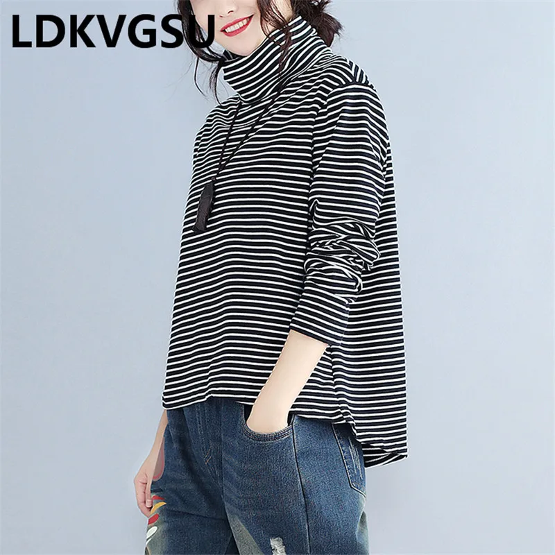 Женская длинная рубашка Свободный Топ в полоску с длинным рукавом и высоким