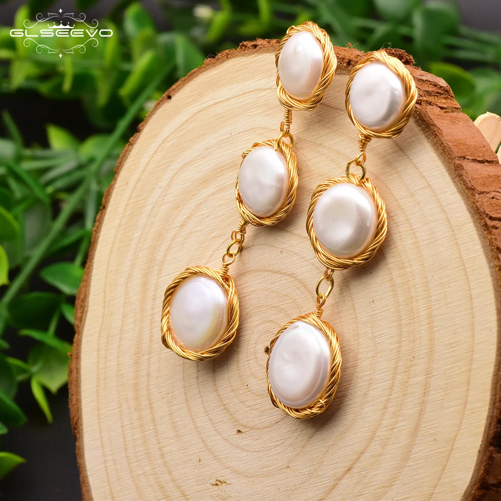 

GLSEEVO Original Design Natural Fresh Water Baroque Pearl Handmade Drop Earrings For Women Wedding Custom Fine Jewelry GE0645
