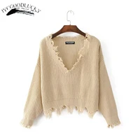 new fashion 2019 pullover ripped hole sweaters loose jumper casual white sweater women knitting sweaters pull long sleev
