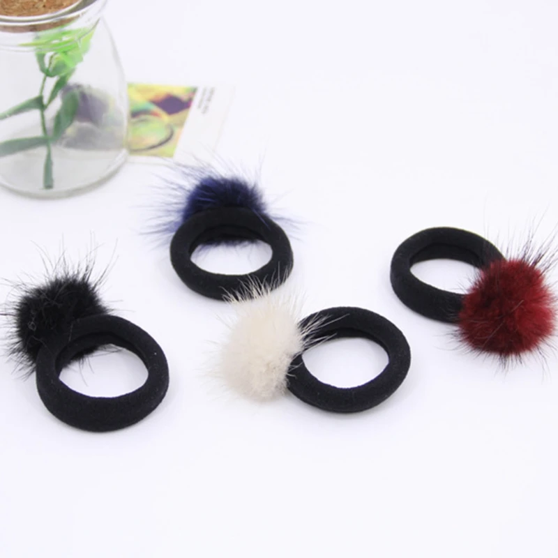 Women Girl Hairband Mink Fur Pompom Ball Hair Ropes Ponytail Holder Elastic Ties