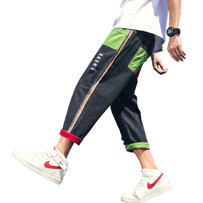 Мужские повседневные брюки для отдыха синие шаровары с дырками 2019|Мужские