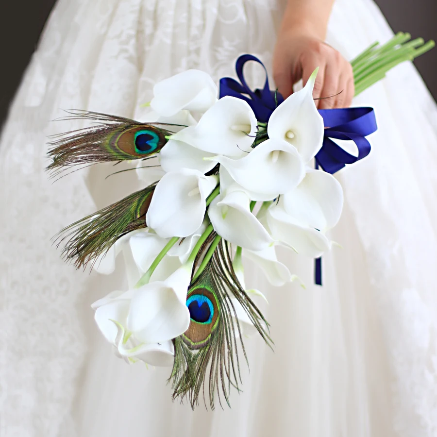 

Iffo new high-end custom bride hand holding flower bouquets broom simulation Ribbon Fabric white calla peacock feather DIY decor