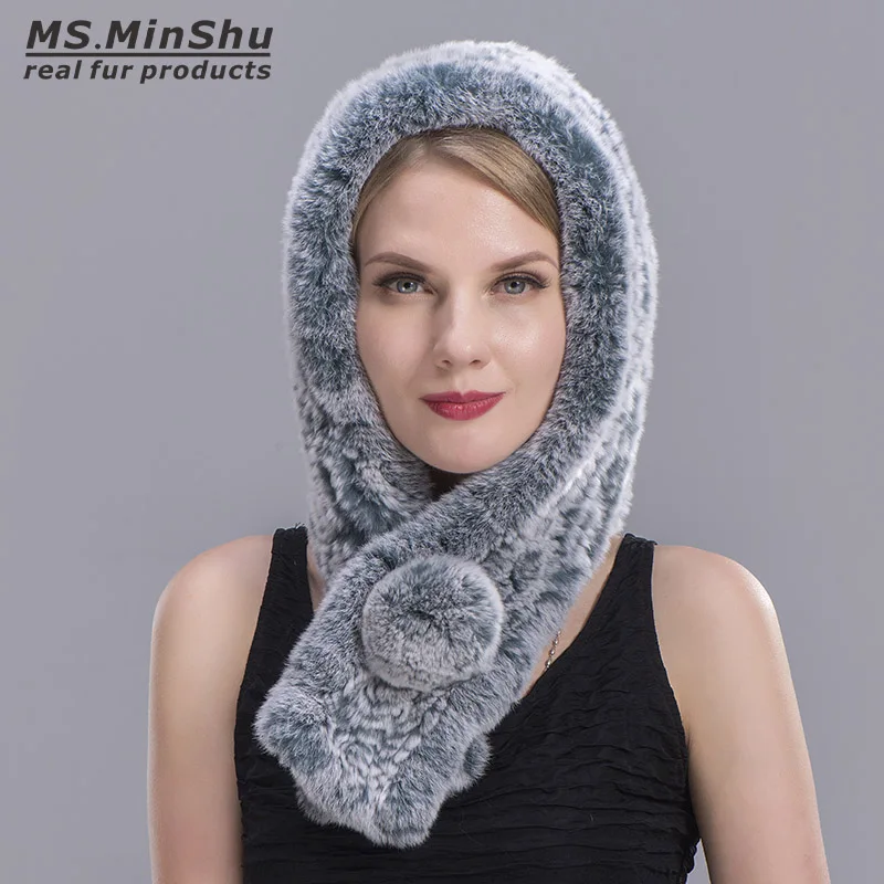 Женский вязаный шарф с капюшоном MS.MinShu из натурального меха кролика Рекс модная