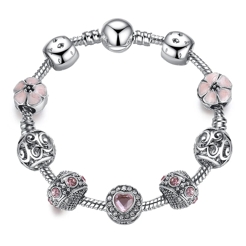 4 Color 925 Silver High Quality Enamel Flower Charm Bracelet &amp Bangle Crystal Love Heart for Women Wedding Jewelry Gift | Украшения и