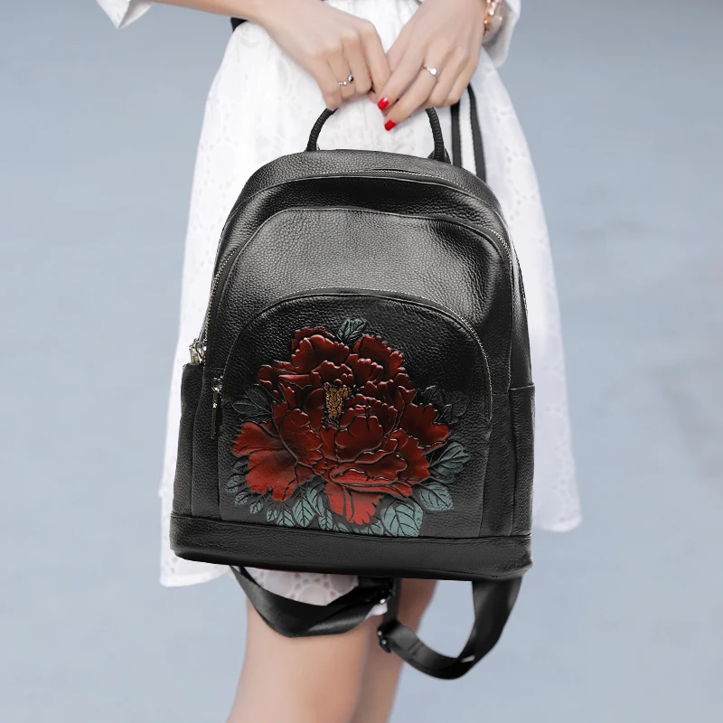 National Style Backpack for Women Soft Genuine Leather Top Flower Pattern 2019 Backpacks Ladies Fashion Back Pack Bags | Багаж и сумки