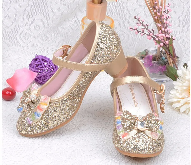 

2022 Children's Girls Non-slip Shoes Baby Performance Crystal Dance Shoes Blue Bowknot Girls Sequins Princess Shoes