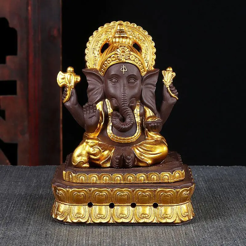 

Горелка для благовоний Ganesha, индийская керамическая курильница с золотым слоном, держатель для благовоний с дымом и водопадом, креативный д...