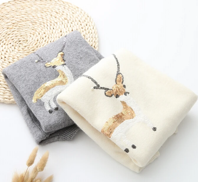 2016 Spring new harajuku women's casual long sleeve o-neck cute deer embroidery sequins beading decorate loose Pullover sweaters | Женская