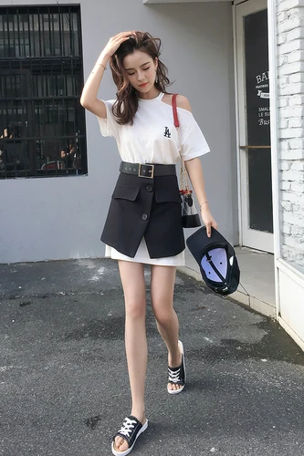 

2019 New Button Belt Loose Two Piece Set Sexy Off Shoulder High Waist 2 Pcs Set Casual Fashion Brief Conjunto Feminino