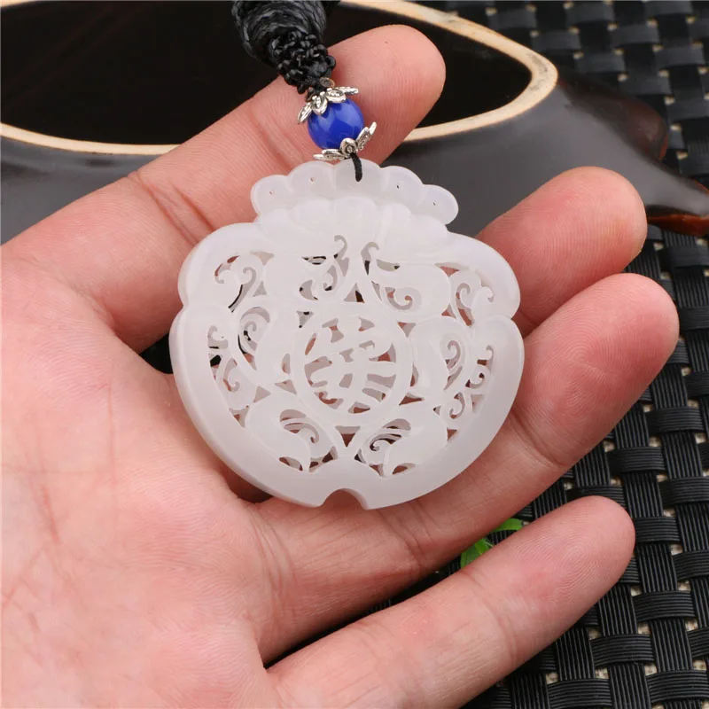 

Natural Green Hetian white Jades Pendant 3D Carved PING'AN Pendants Women or Men's Amulet Nephrite Jades Jewelry