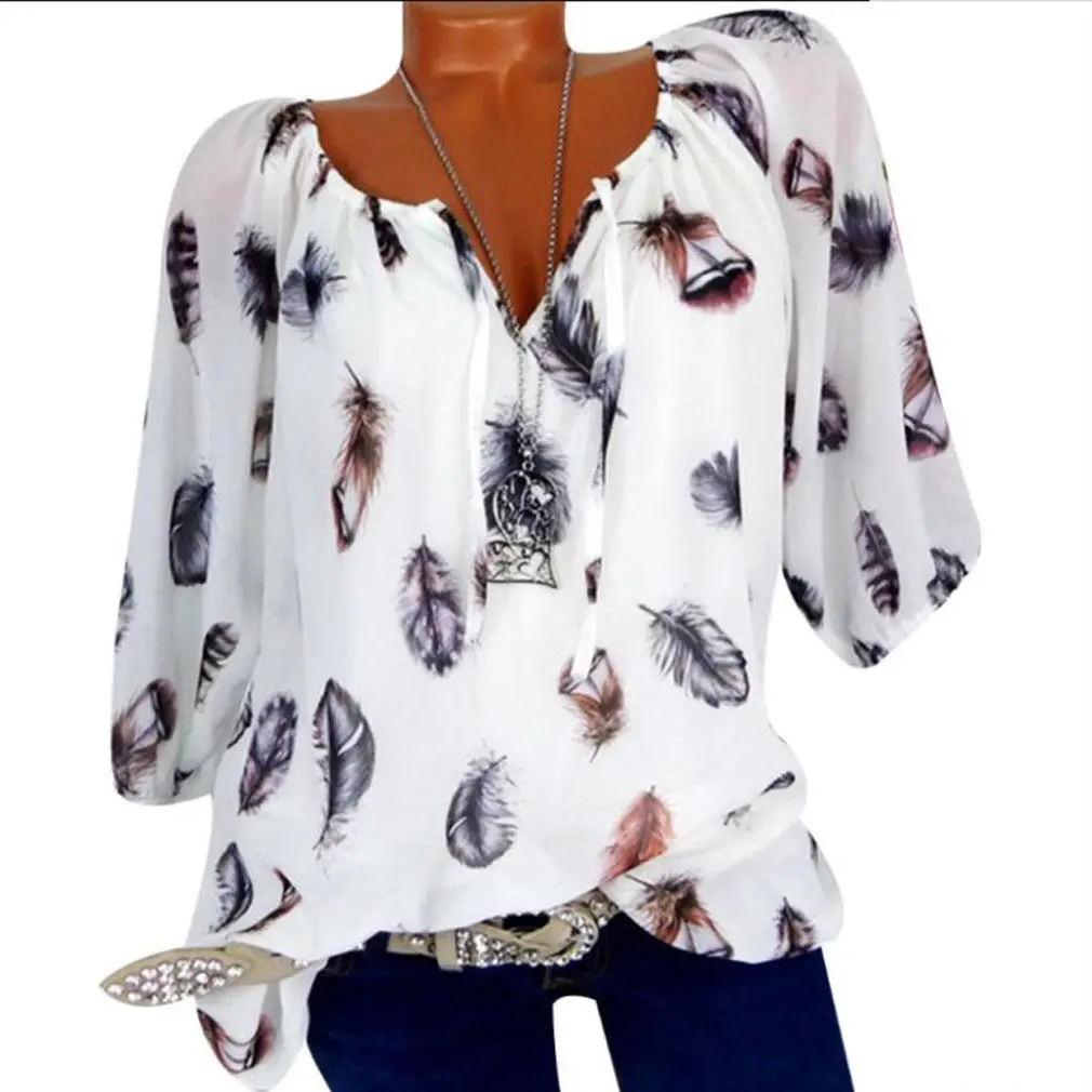 

Women Tunic Shirt 2019 Summer 3/4 Sleeve Floral Print V-neck Blouses And Tops With Button Big Size Women Clothing