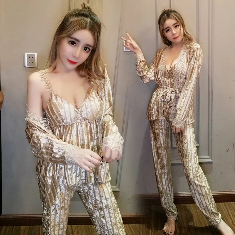 golden women pajama Зима-осень, комплект из 3 предметов, пижамный комплект с длинным рукавом, шелковые бархатные пижамы, Женский Пижамный костюм, домашняя одежда, одежда для сна, сексуальная пижама Mujer - Color: golden women pajama