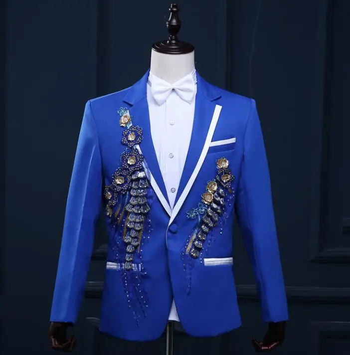 

men blazer designs three-dimensional flowers stage fashion for singers men paillette blazer dance clothes jacket dress blue