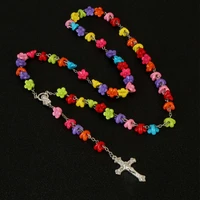 2019 new products 8mm polymer clay rose beads rosary catholic necklace with holy cross medal cross prayer religious cross neckla
