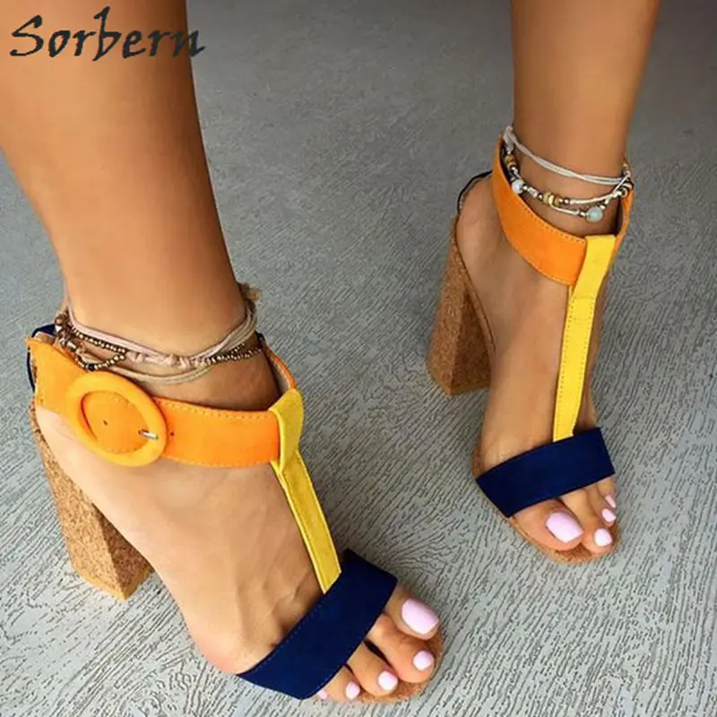 

Sorbern Fashion Ankle Straps Summer Shoes Square High Heels Women Sandals T-Straps Mix Color Womans Designer Shoes Plus Size