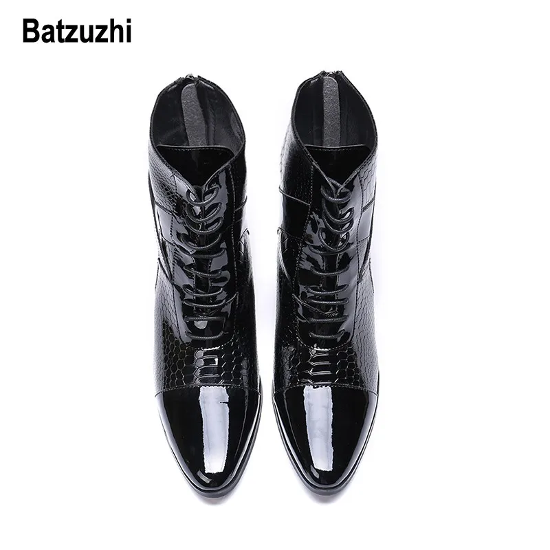 Batzuzhi 7cm High Heel Boots Men Lace-up Handsome Leather Dress Black Party and Wedding Designer botas hombre |