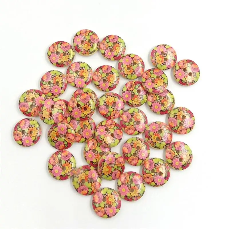 2 Holes 15MM 100PC Wooden Buttons Environmental Single Painted DIY Cartoon Flower Pattern Log Snaps Press Studs | Дом и сад