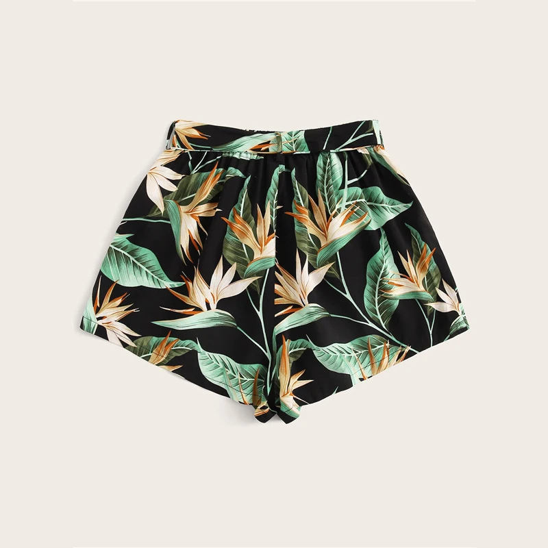 Шорты с поясом и тропическим принтом COLROVIE Boho Летние Повседневные Шорты Для Женщин летние праздничные Широкие пляжные шорты для отдыха женские шорты