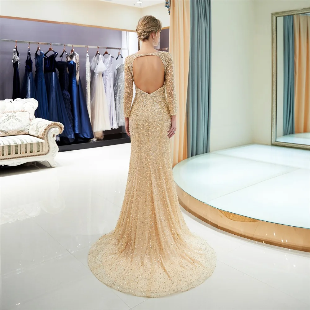 Женское платье с длинным рукавом Forevergracedress Золотое вечернее из тюля бусинами и