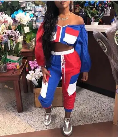2019 new spring summer sexy bare shoulder four color stitching two sets | Тематическая одежда и униформа