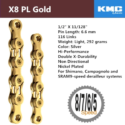 KMC X8 X9 X9sl X10 X10sl X11SL велосипедная цепь 9S 10S 11S золото для MTB/шоссейного велосипеда для Shimano/SRAM 8 9 10 11 скорость 116л/цепной велосипед - Цвет: X8PL gold