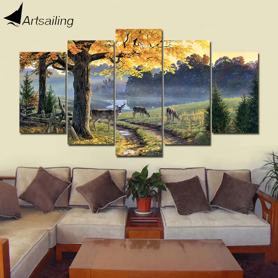 

ArtSailing 5 panel wall art on canvas Deer in Autumn Forest Landscape home decoration accessories modern Poster Framed NY-5973