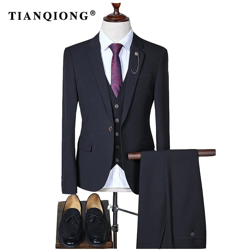 TIAN QIONG Slim Fit Мужские свадебные костюмы на одной пуговице черный, синий, серый, хаки мужские деловые костюмы весна-осень костюм из 3 предметов QT288 - Цвет: Черный