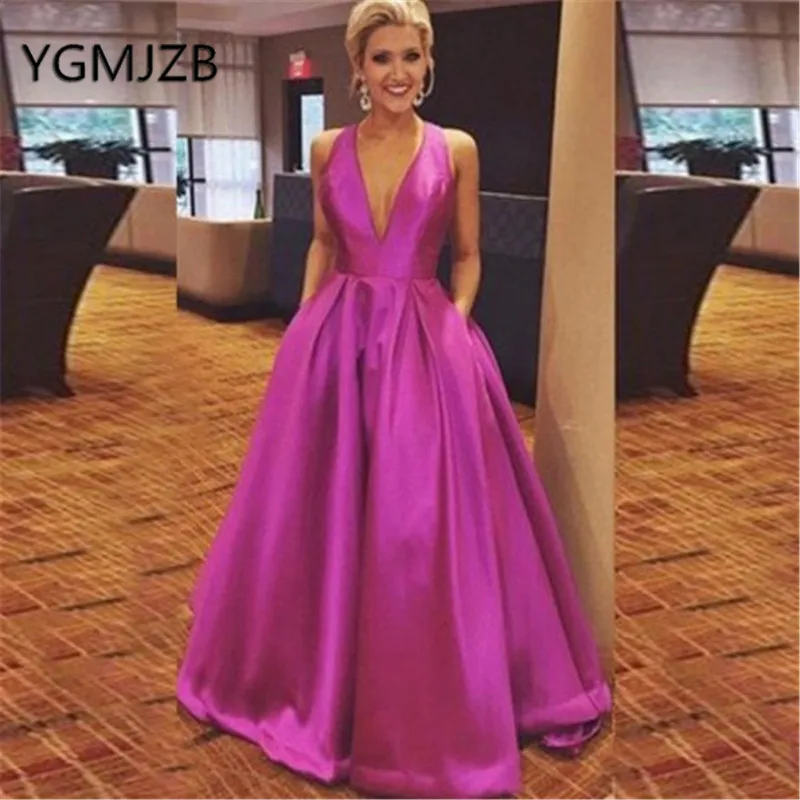 Elegant Fuchsia Satin Evening Dresses With Pockets 2019 Deep V-Neck Backless Long Prom Dress Women Formal Gown Party | Свадьбы и