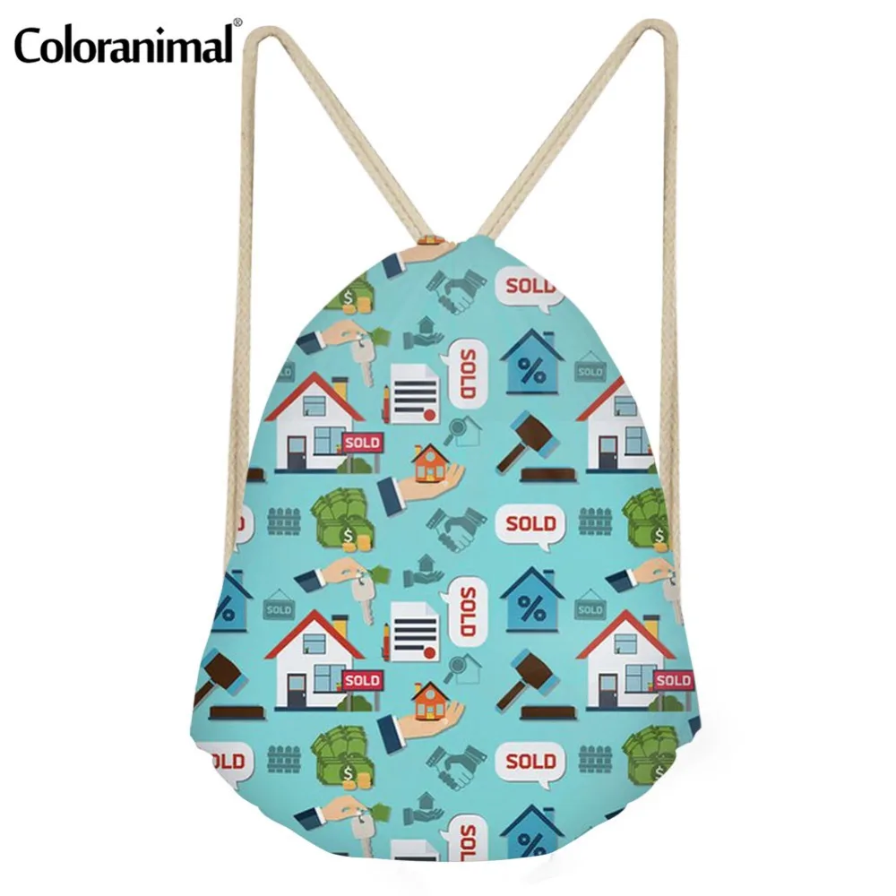 

Coloranimal Student Boy Girl Mochila Bookbag Gym Sack Men Drawstring Bag Real Estate Pattern String Storage Bag Mini Backpack