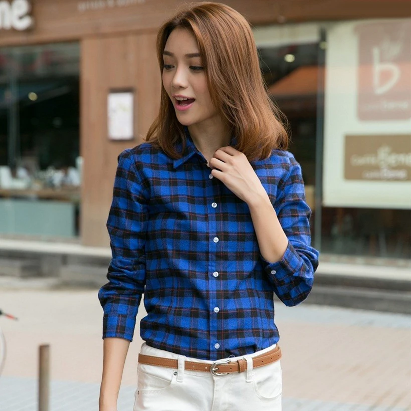 Женская фланелевая рубашка в клетку модная Осенняя блузка с длинным рукавом |