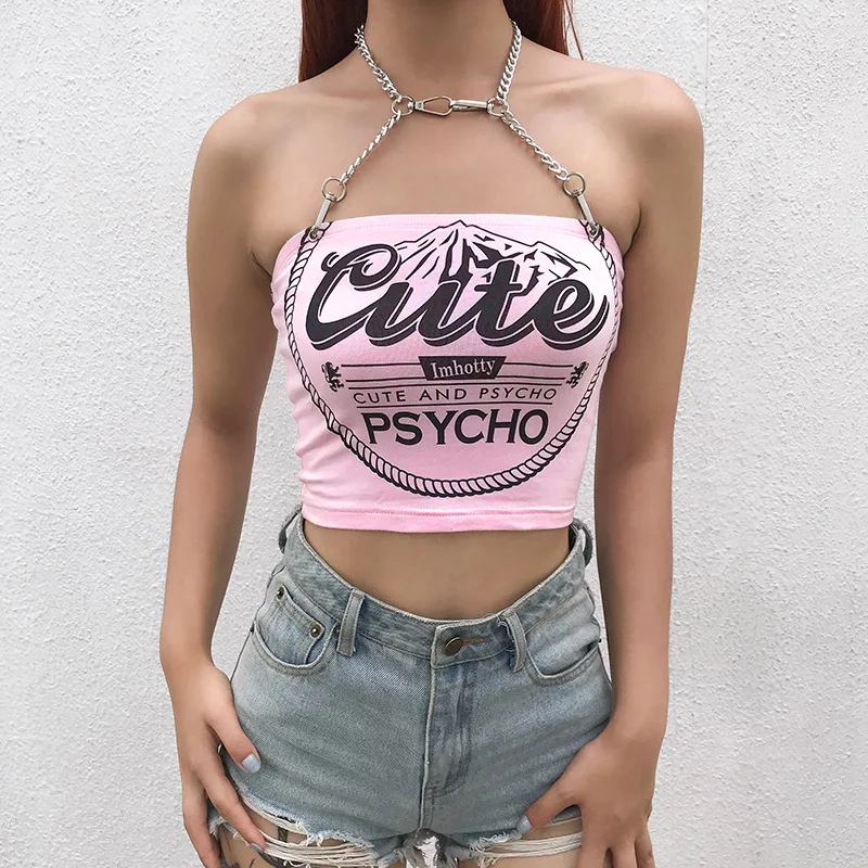 Арцу печатных цепи Топ Холтер Сексуальная спинки Croptop Лето Без Рукавов Для Женщин Cami Топ Harajuku розовый жилет уличная одежда ASVE20738