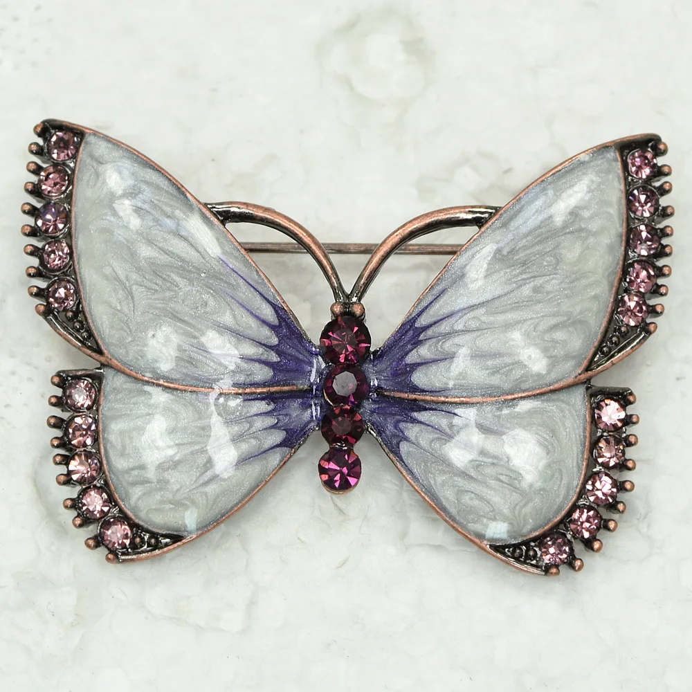 Antique copper Rhinestone Purple Enamel Butterfly brooch Pin C866 D3