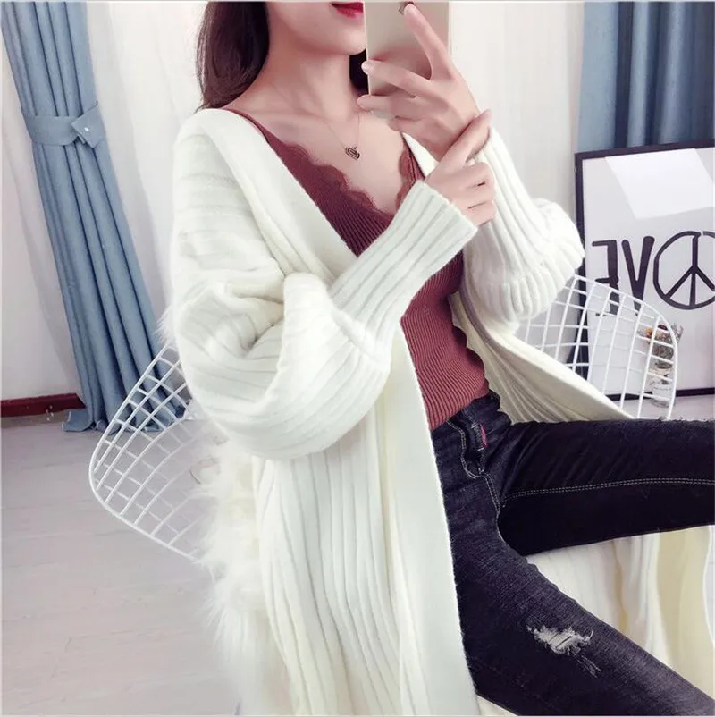 Free Size Women Autumn Long Sweater Cardigans Winter Thick Warm Solid Knitting Cardigans Puff Sleeve Slim Vestido