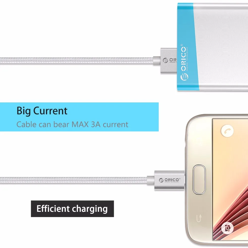 ORICO USB кабель для зарядки и передачи данных с нейлоновой оплеткой, металлический штекер, Micro USB кабель для samsung, sony, htc, 1 м, серебристый